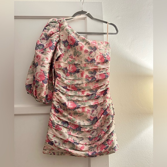 Loveshackfancy Altie One Shoulder Pleated Floral Print Satin Mini Dress - Picture 4 of 7